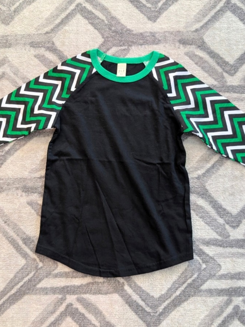 Kids Black Raglan Tee with Green Chevron Sleeves - Casual Long Sleeve
